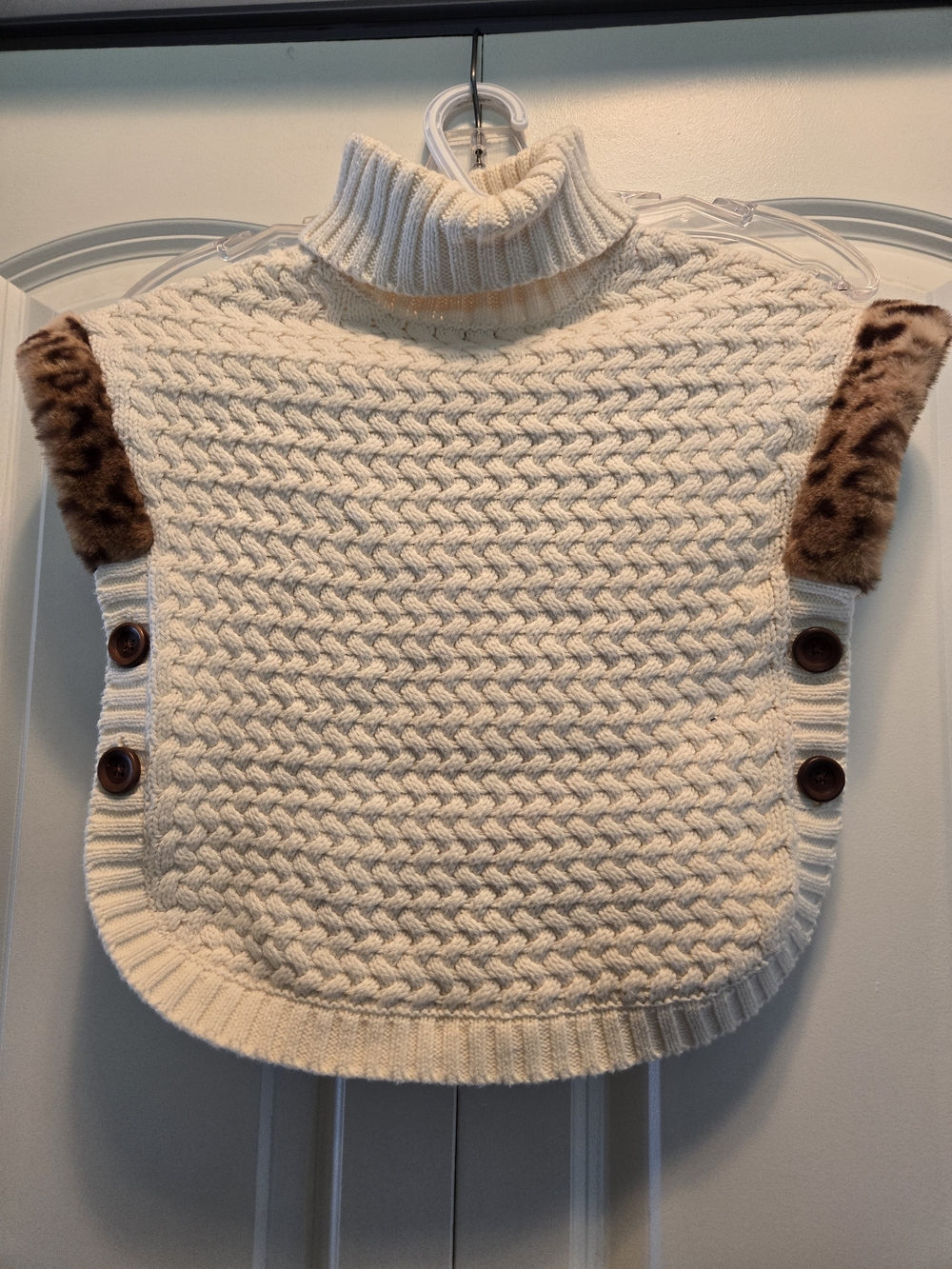 Girls' Cream Cable-Knit Turtleneck Poncho with Leopard-Trim Shoulders